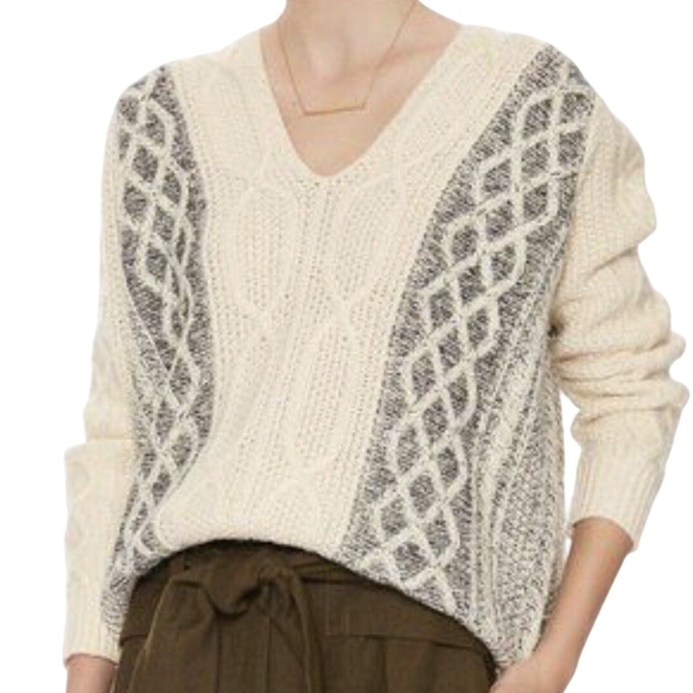 Derek Lam 10 Crosby Wom Sz P (S-M) Cable Knit V Neck Sweater Cream Gray Wool Bl